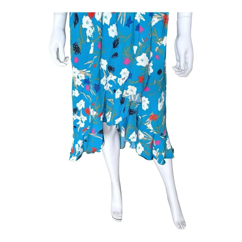 J Crew Mercantile Faux Wrap Midi Dress Womens Large Blue Floral Flutter Sleeve